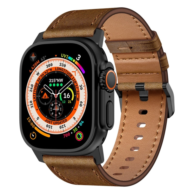 For Apple Watch Ultra 49mm Wilderness Top-grain Leather Watch Band(Black Connector Dark Brown) by bashfashion