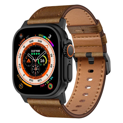 For Apple Watch Ultra 49mm Wilderness Top-grain Leather Watch Band(Black Connector Dark Brown) by bashfashion