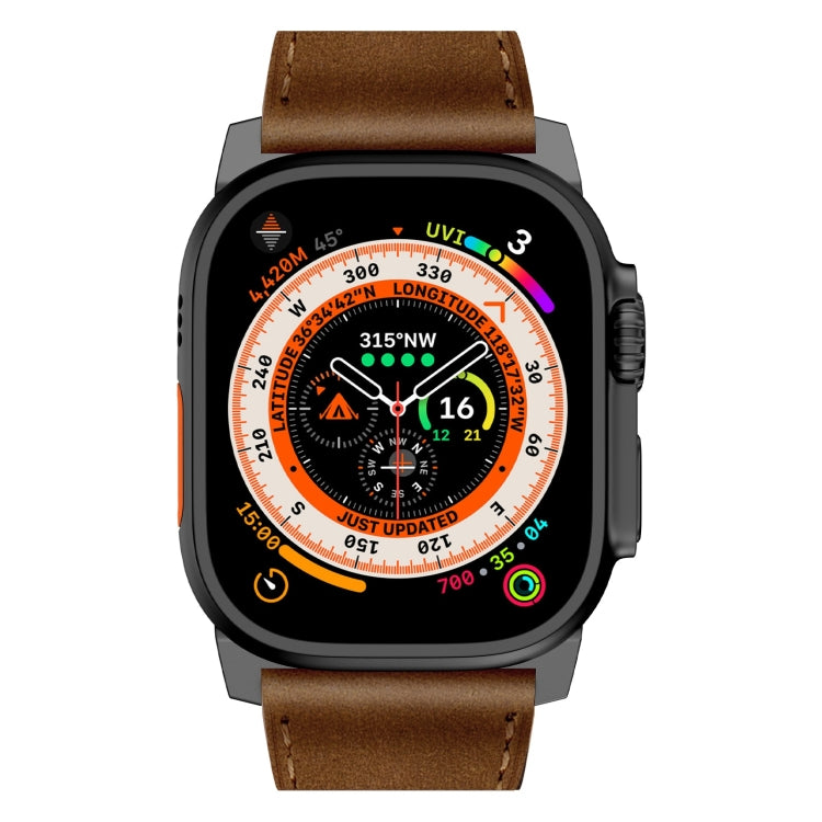 For Apple Watch Ultra 49mm Wilderness Top-grain Leather Watch Band(Black Connector Dark Brown) by bashfashion