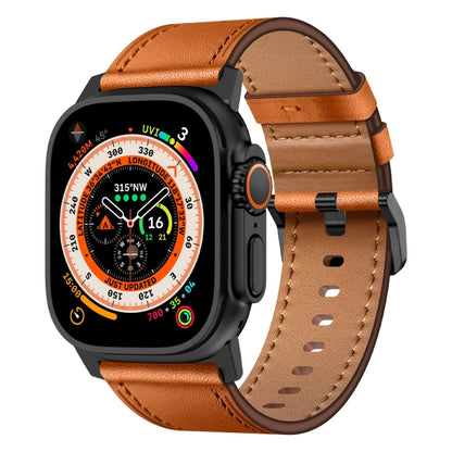 For Apple Watch Ultra 49mm Wilderness Top-grain Leather Watch Band(Black Connector Brown) by bashfashion