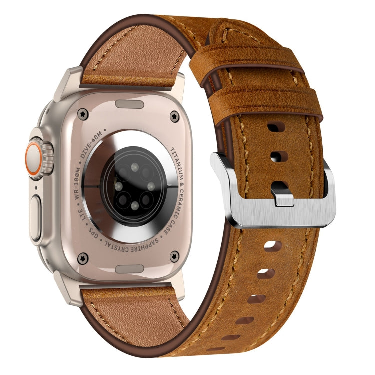 For Apple Watch Ultra 49mm Wilderness Top-grain Leather Watch Band(Titanium Connector Red Brown) by bashfashion