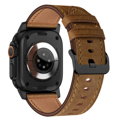 For Apple Watch Series 8 45mm Wilderness Top-grain Leather Watch Band(Black Connector Dark Brown) by bashfashion