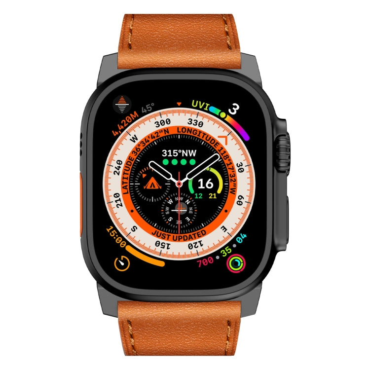 For Apple Watch Series 8 45mm Wilderness Top-grain Leather Watch Band(Black Connector Brown) by bashfashion