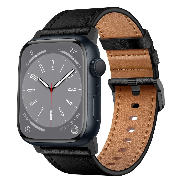 For Apple Watch SE 2022 44mm Wilderness Top-grain Leather Watch Band(Black Connector Black) by bashfashion