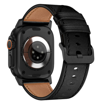 For Apple Watch SE 2022 44mm Wilderness Top-grain Leather Watch Band(Black Connector Black) by bashfashion