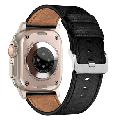 For Apple Watch SE 2022 44mm Wilderness Top-grain Leather Watch Band(Titanium Connector Black) by bashfashion