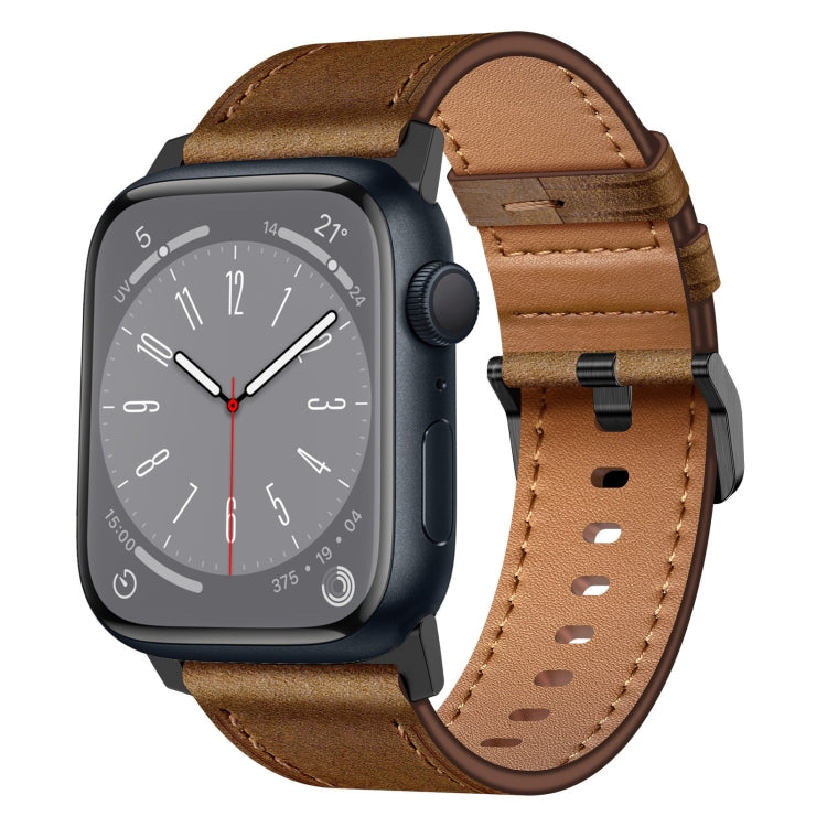 For Apple Watch Series 7 45mm Wilderness Top-grain Leather Watch Band(Black Connector Dark Brown) by bashfashion