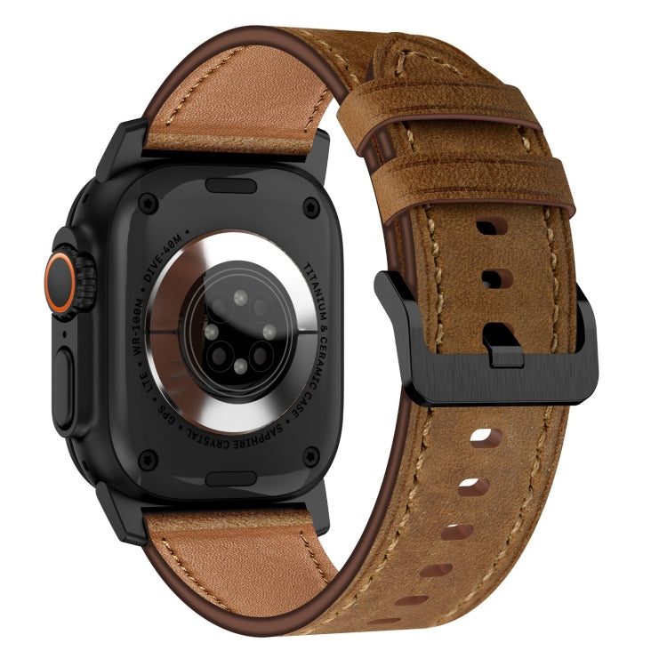 For Apple Watch Series 7 45mm Wilderness Top-grain Leather Watch Band(Black Connector Dark Brown) by bashfashion