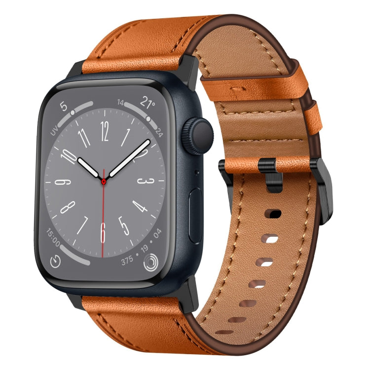 For Apple Watch SE 44mm Wilderness Top-grain Leather Watch Band(Black Connector Brown) by bashfashion
