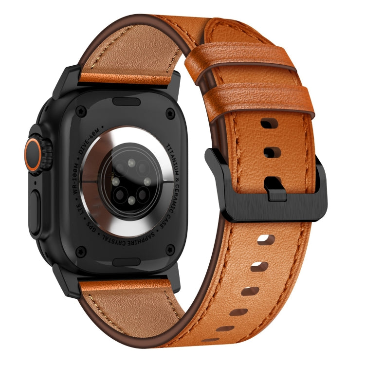 For Apple Watch SE 44mm Wilderness Top-grain Leather Watch Band(Black Connector Brown) by bashfashion