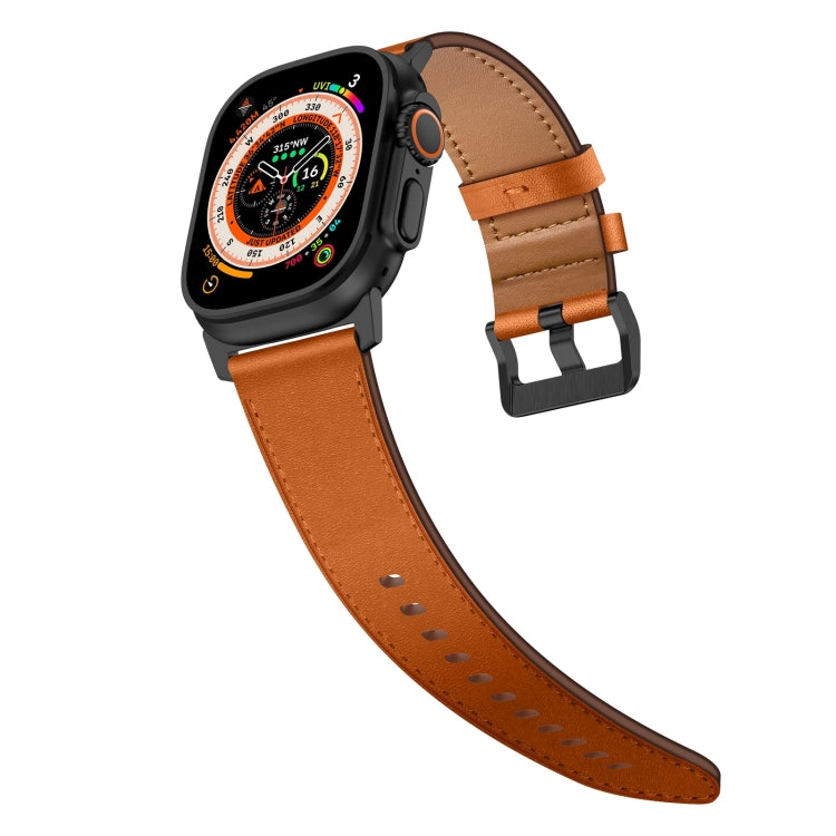 For Apple Watch SE 44mm Wilderness Top-grain Leather Watch Band(Black Connector Brown) by bashfashion
