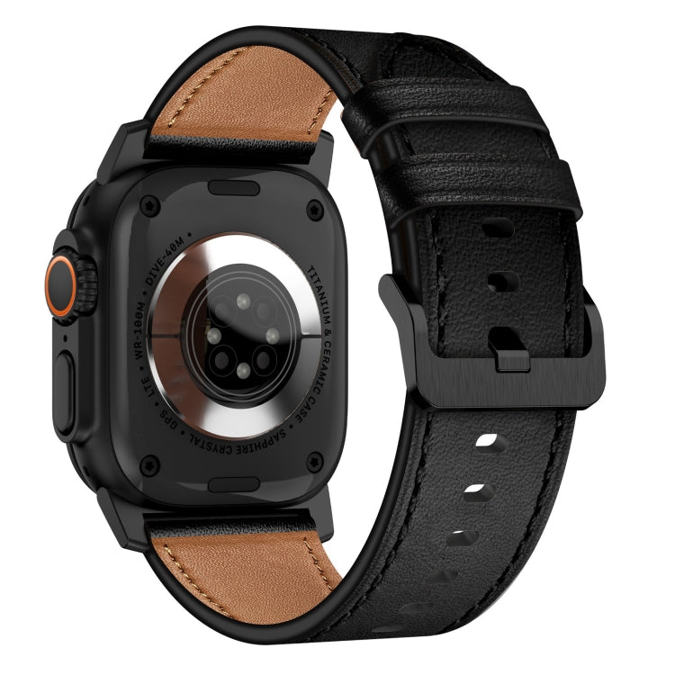 For Apple Watch Series 5 44mm Wilderness Top-grain Leather Watch Band(Black Connector Black) by bashfashion