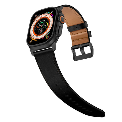 For Apple Watch Series 5 44mm Wilderness Top-grain Leather Watch Band(Black Connector Black) by bashfashion