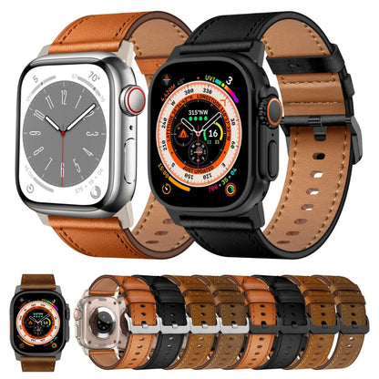 For Apple Watch SE 44mm Wilderness Top-grain Leather Watch Band(Black Connector Brown) by bashfashion