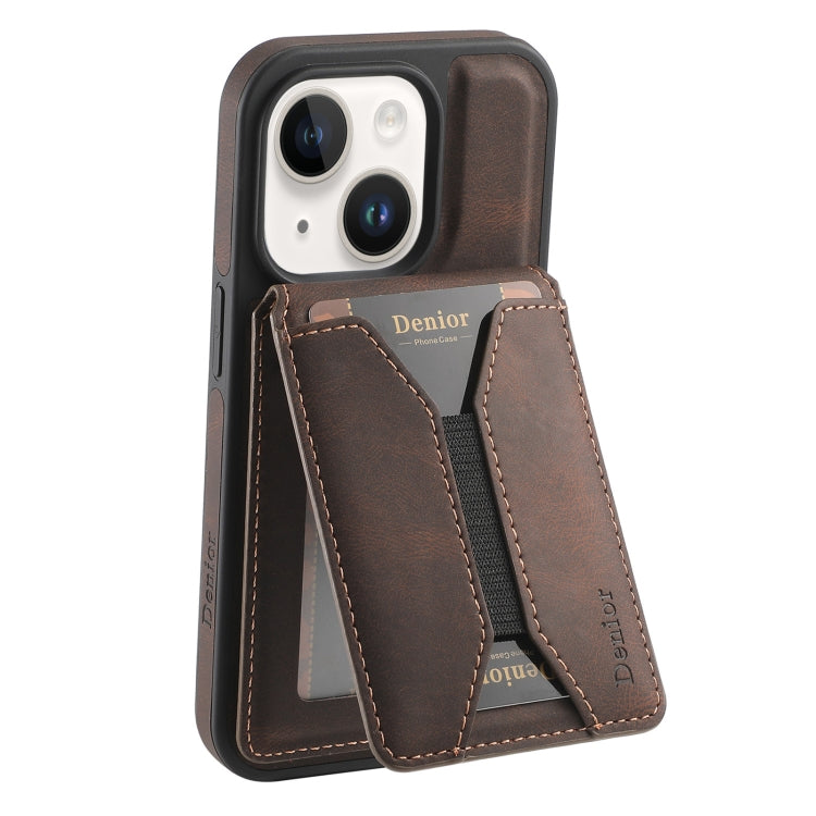 For iPhone 15 Denior D18 Skin Feel Rotating Holder MagSafe Detachable Card Slot Phone Case(Brown) by Denior