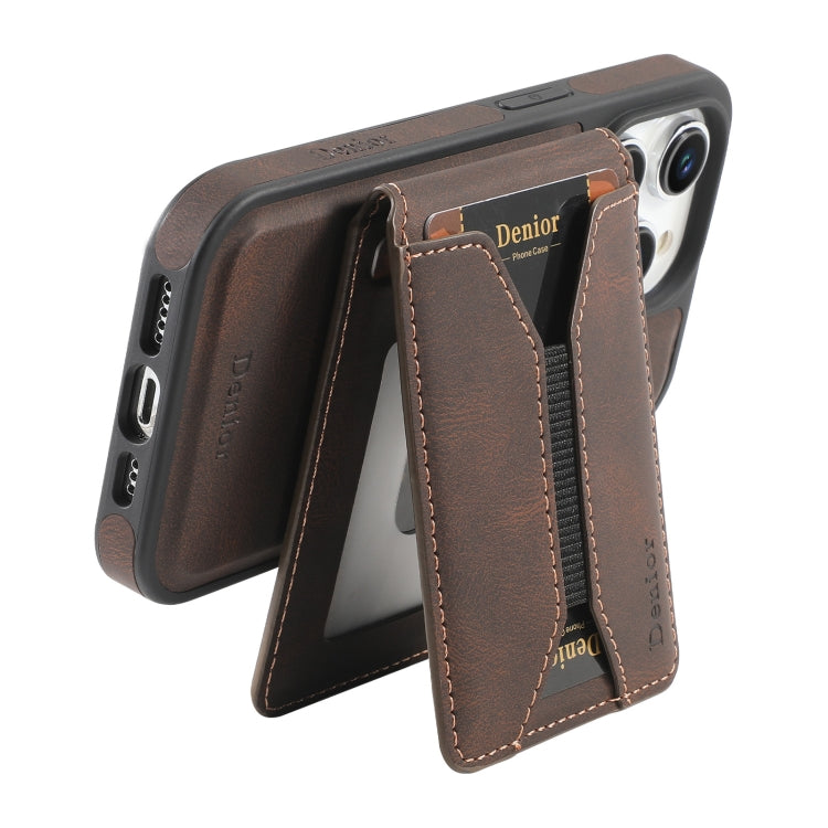 For iPhone 15 Plus / 14 Plus Denior D18 Skin Feel Rotating Holder MagSafe Detachable Card Slot Phone Case(Brown) by Denior