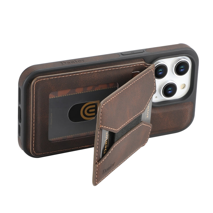 For iPhone 15 Plus / 14 Plus Denior D18 Skin Feel Rotating Holder MagSafe Detachable Card Slot Phone Case(Brown) by Denior