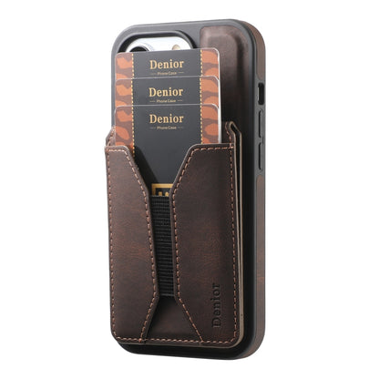 For iPhone 15 Pro Max Denior D18 Skin Feel Rotating Holder MagSafe Detachable Card Slot Phone Case(Brown) by Denior