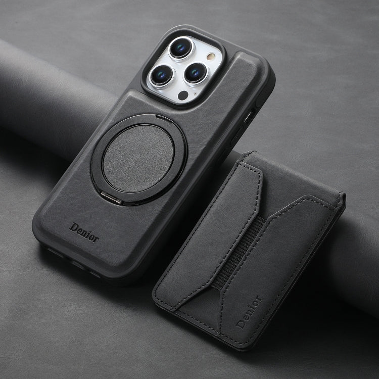 For iPhone 15 Pro Max Denior D18 Skin Feel Rotating Holder MagSafe Detachable Card Slot Phone Case(Black) by Denior