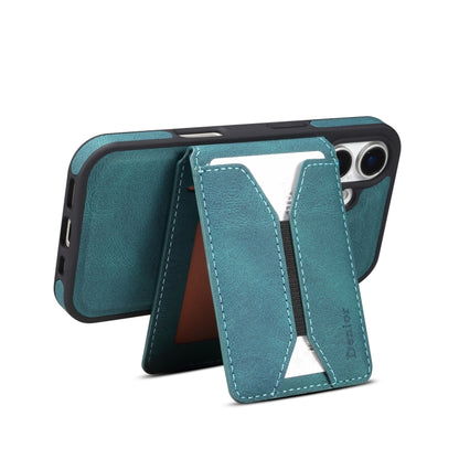 For iPhone 16 Denior D18 Skin Feel Rotating Holder MagSafe Detachable Card Slot Phone Case(Blue) by Denior