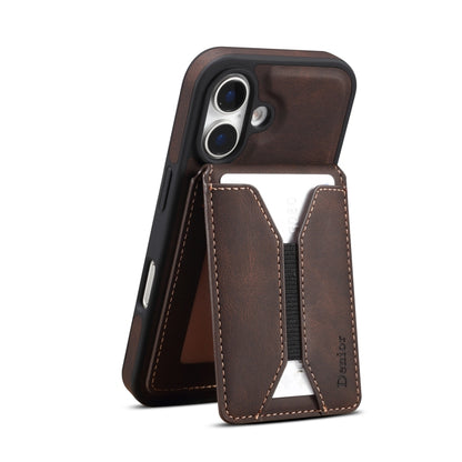 For iPhone 16 Plus Denior D18 Skin Feel Rotating Holder MagSafe Detachable Card Slot Phone Case(Brown) by Denior