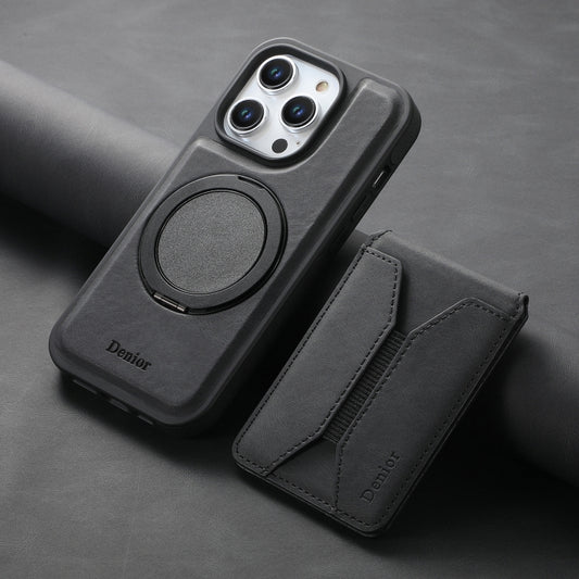 For iPhone 16 Pro Max Denior D18 Skin Feel Rotating Holder MagSafe Detachable Card Slot Phone Case(Black) by Denior