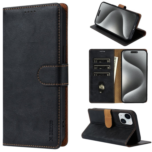 For iPhone 15 Plus N.BEKUS CSJ-P1 Solid Color Leather Phone Case(Black) by N.BEKUS