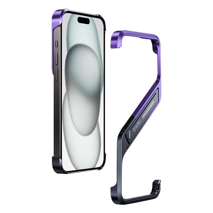 For iPhone 15 S-shaped Stand Frameless Metal Phone Case(Black Purple) by bashfashion