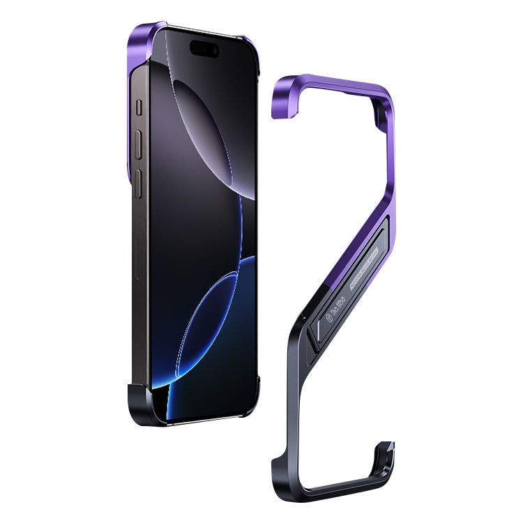 For iPhone 16 Pro Max S-shaped Stand Frameless Metal Phone Case(Black Purple) by bashfashion