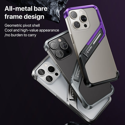 For iPhone 16 Pro Max S-shaped Stand Frameless Metal Phone Case(Black Purple) by bashfashion