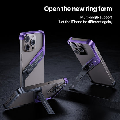 For iPhone 16 Pro Max S-shaped Stand Frameless Metal Phone Case(Black Purple) by bashfashion
