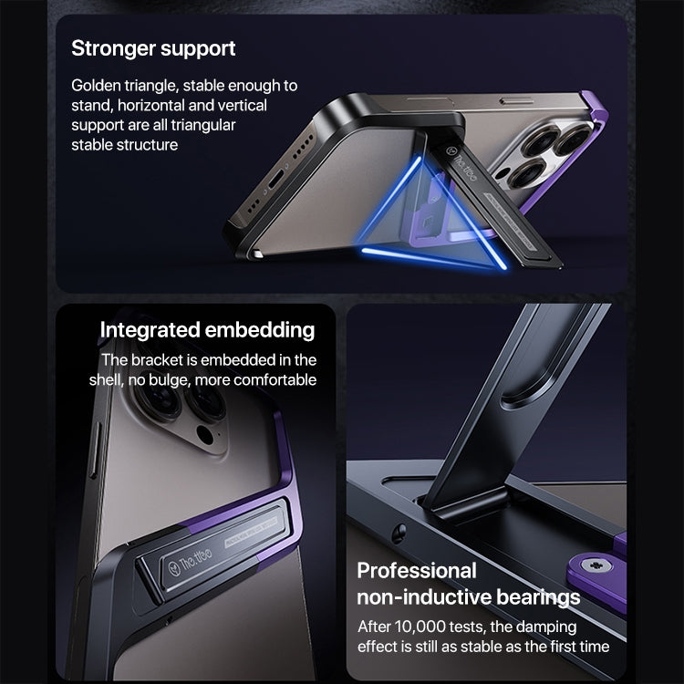 For iPhone 15 S-shaped Stand Frameless Metal Phone Case(Black Purple) by bashfashion