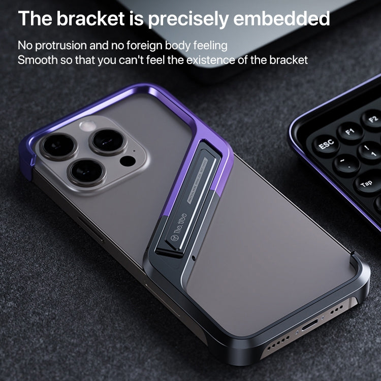 For iPhone 15 S-shaped Stand Frameless Metal Phone Case(Black Purple) by bashfashion