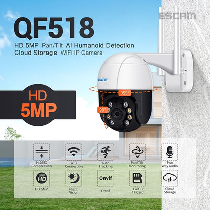 ESCAM QF518 5MP Smart WiFi IP Camera, Support AI Humanoid Detection / Auto Tracking / Dual Light Night Vision / Cloud Storage / Two Way Audio / TF Card, Plug:EU Plug(White) by ESCAM