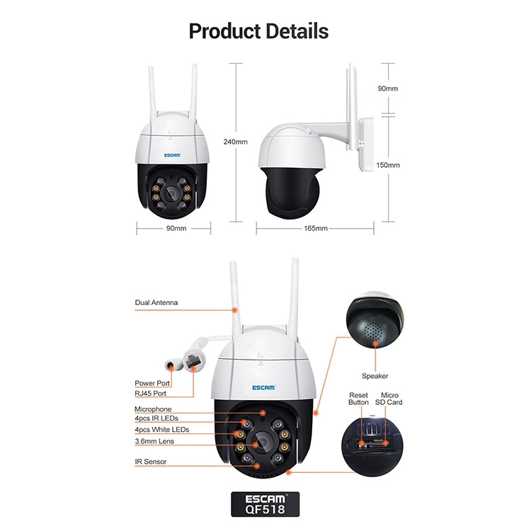 ESCAM QF518 5MP Smart WiFi IP Camera, Support AI Humanoid Detection / Auto Tracking / Dual Light Night Vision / Cloud Storage / Two Way Audio / TF Card, Plug:AU Plug(White) by ESCAM