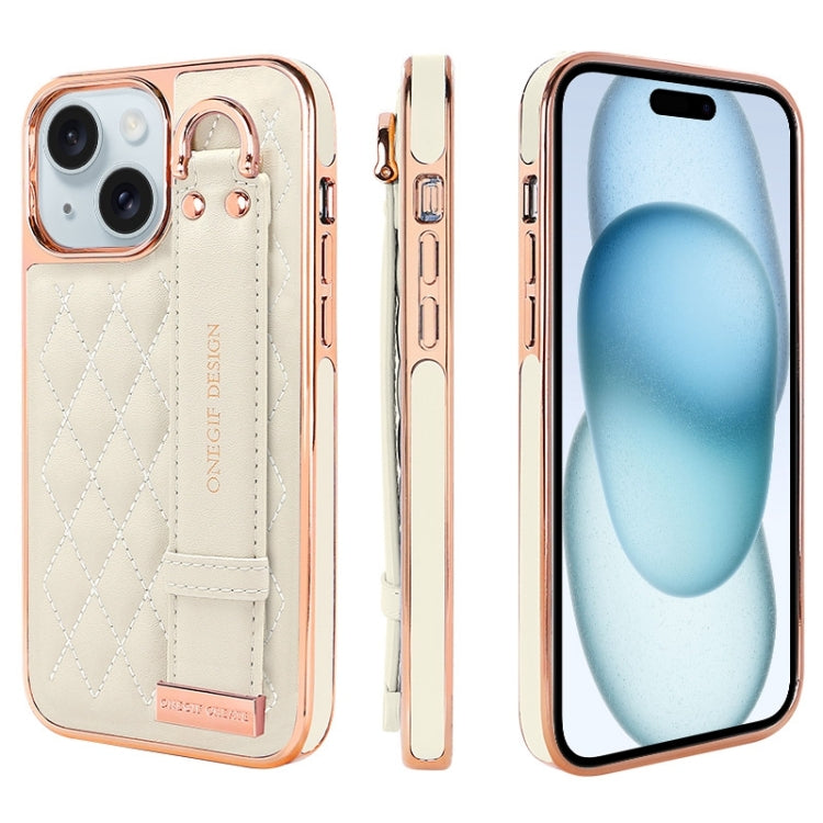 For iPhone 15 Plus VIETAO Rhombic Texture Wristband PU Phone Case(White) by VIETAO
