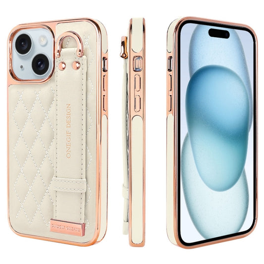 For iPhone 15 Plus VIETAO Rhombic Texture Wristband PU Phone Case(White) by VIETAO
