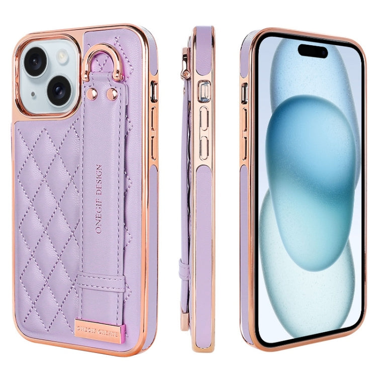 For iPhone 15 Plus VIETAO Rhombic Texture Wristband PU Phone Case(Purple) by VIETAO