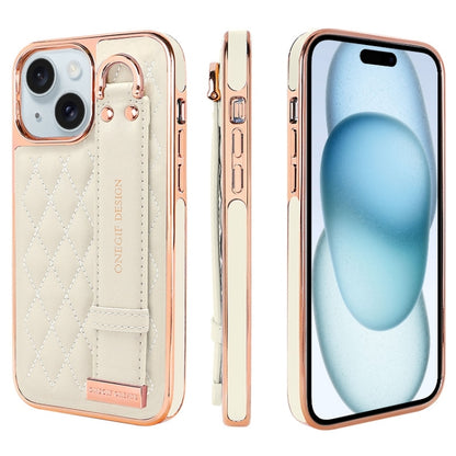 For iPhone 15 VIETAO Rhombic Texture Wristband PU Phone Case(White) by VIETAO