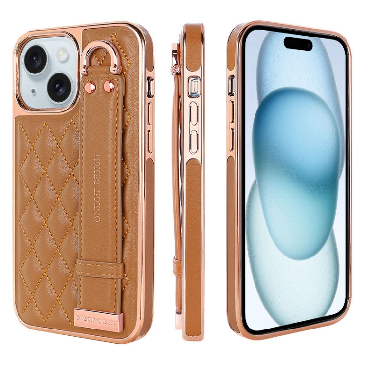 For iPhone 15 VIETAO Rhombic Texture Wristband PU Phone Case(Brown) by VIETAO