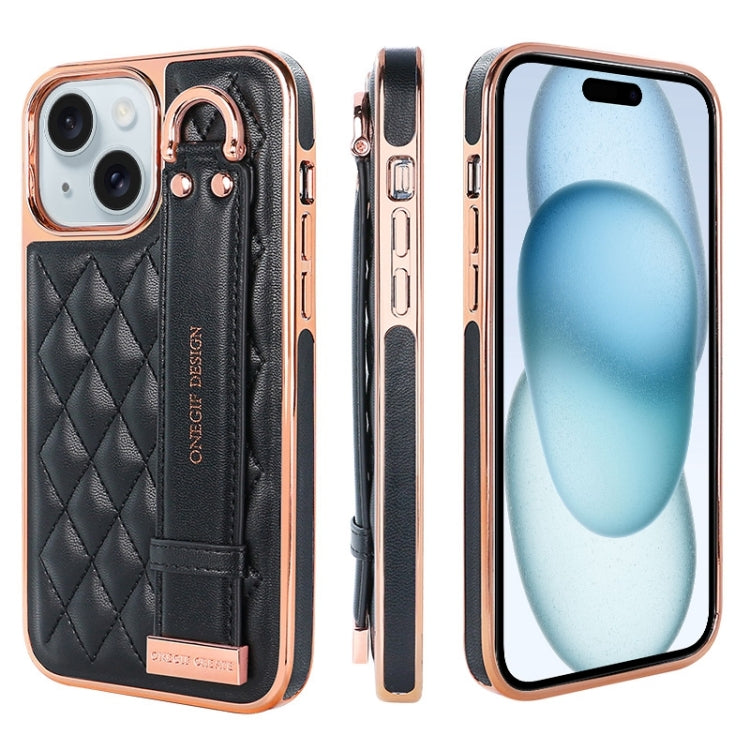 For iPhone 15 VIETAO Rhombic Texture Wristband PU Phone Case(Black) by VIETAO