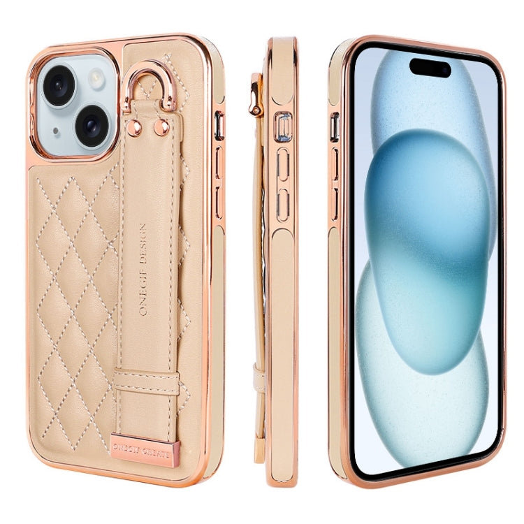 For iPhone 15 VIETAO Rhombic Texture Wristband PU Phone Case(Pink) by VIETAO