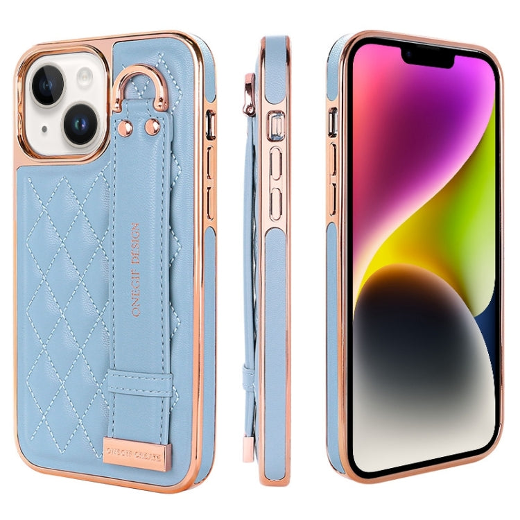 For iPhone 14 VIETAO Rhombic Texture Wristband PU Phone Case(Blue) by VIETAO