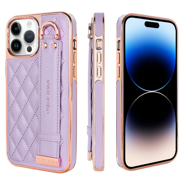 For iPhone 14 Pro VIETAO Rhombic Texture Wristband PU Phone Case(Purple) by VIETAO