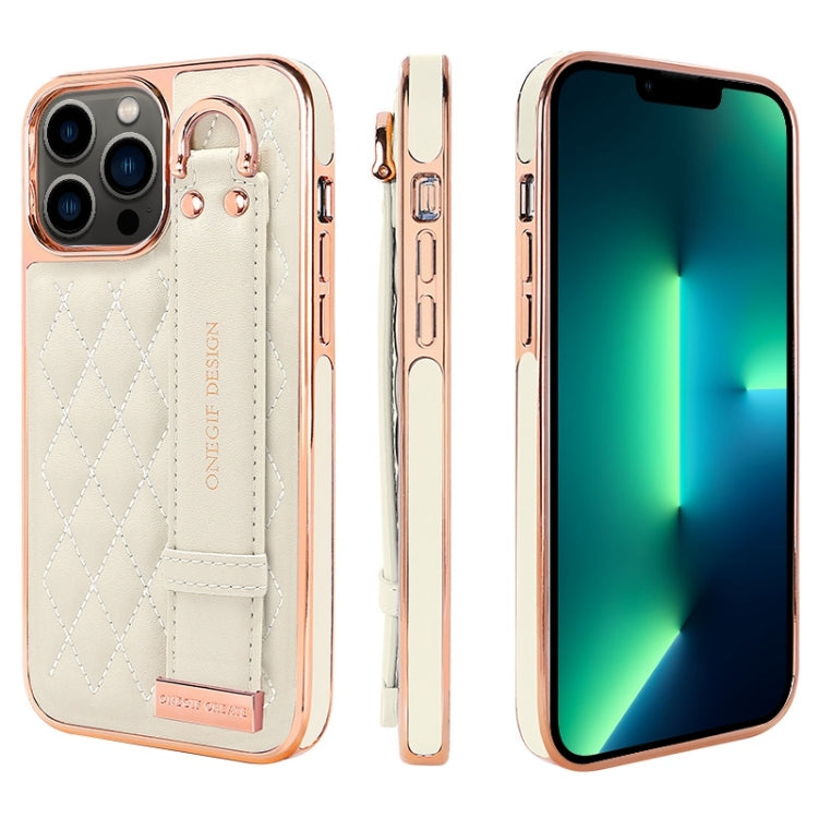 For iPhone 13 Pro Max VIETAO Rhombic Texture Wristband PU Phone Case(White) by VIETAO