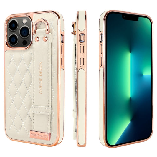 For iPhone 13 Pro Max VIETAO Rhombic Texture Wristband PU Phone Case(White) by VIETAO