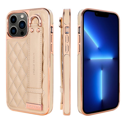 For iPhone 13 Pro VIETAO Rhombic Texture Wristband PU Phone Case(Pink) by VIETAO