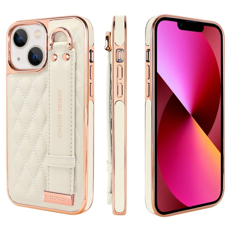 For iPhone 13 VIETAO Rhombic Texture Wristband PU Phone Case(White) by VIETAO