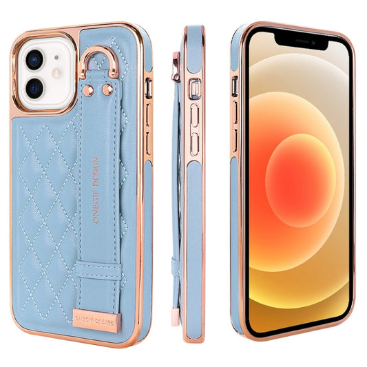 For iPhone 12 / 12 Pro VIETAO Rhombic Texture Wristband PU Phone Case(Blue) by VIETAO