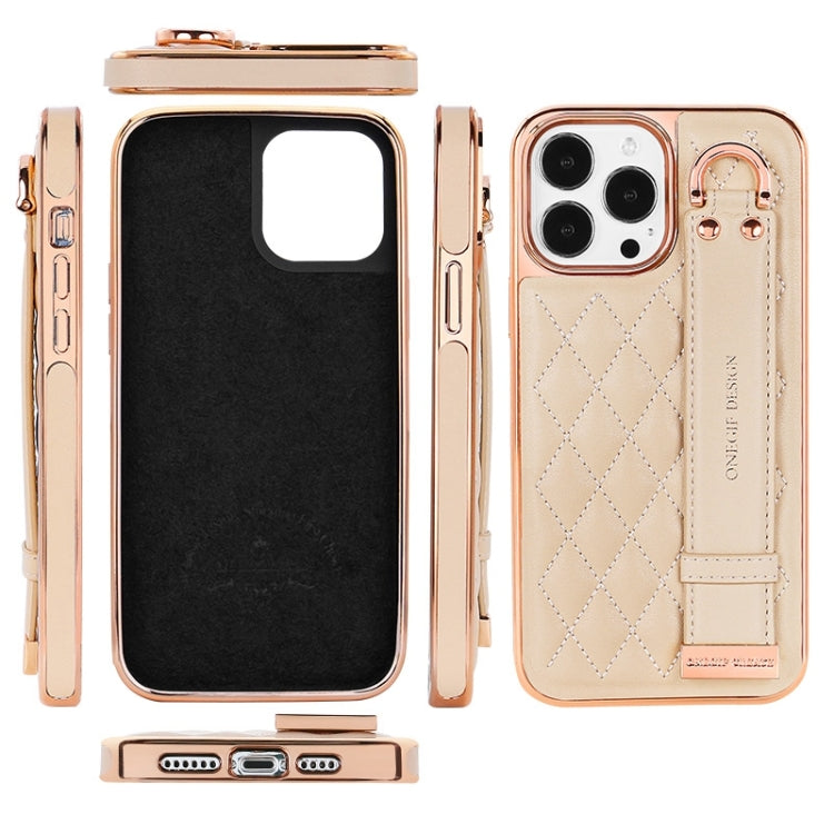 For iPhone 14 Pro Max VIETAO Rhombic Texture Wristband PU Phone Case(Brown) by VIETAO